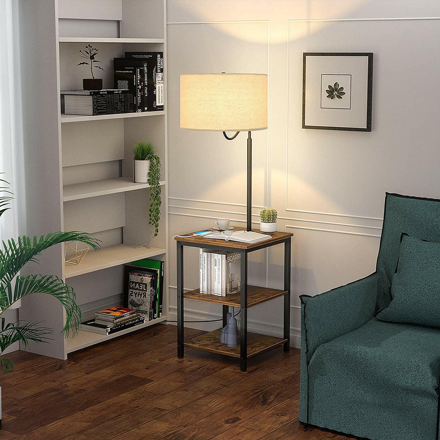 AntLux LED Floor Lamp with End Table - USB Charging Port, Power Outlet, Bedside Table with Shelves, Rustic Night Stand with Industrial Floor Light for Living Room, Bedroom, Guest Room, Edison Bulb