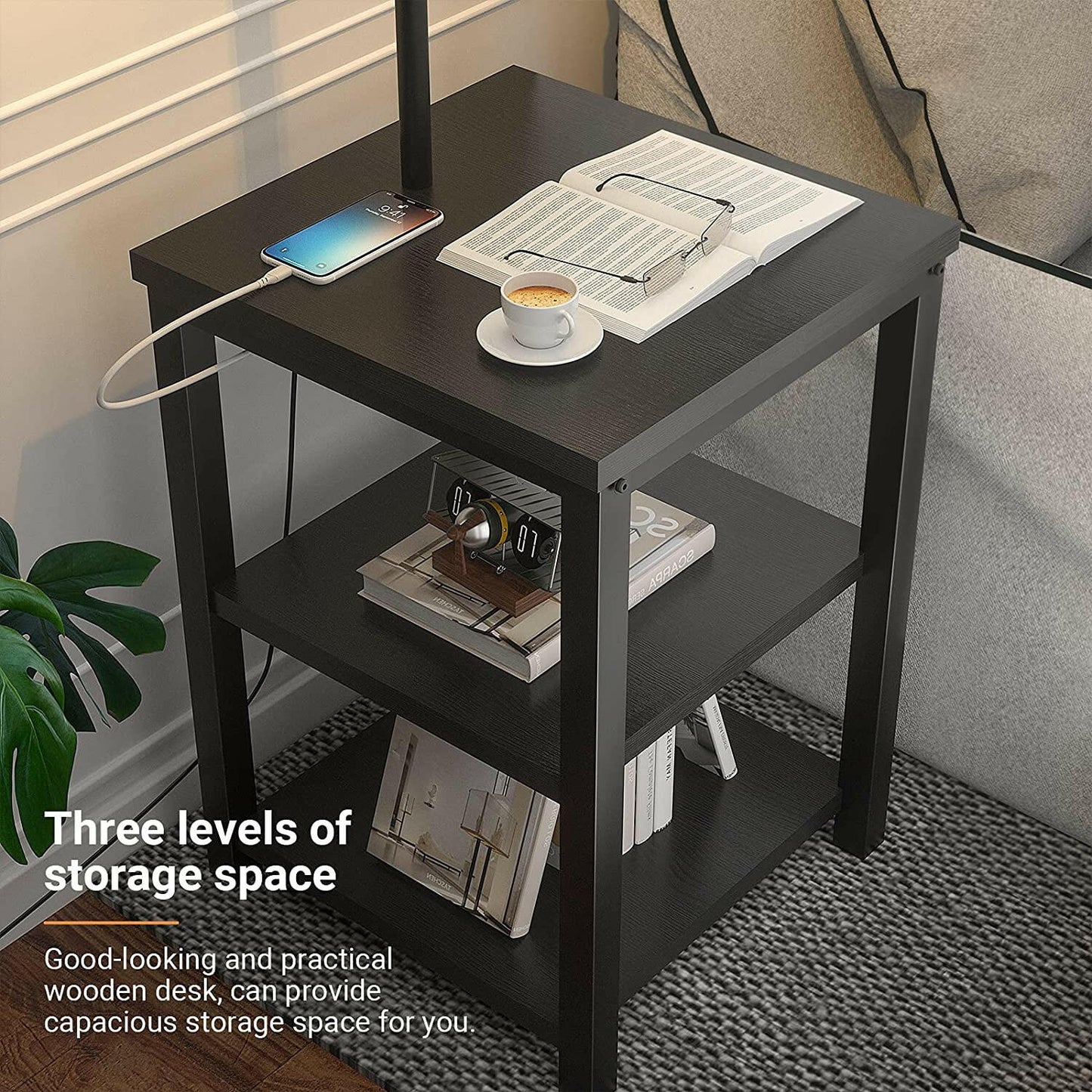 AntLux Floor Lamp with Side Table - USB Charging Port, Power Outlet, End Table and Lamp, Modern Bedside Nightstand with Industrial Floor Light for Living Room, Bedroom, Edison LED Bulb, Black