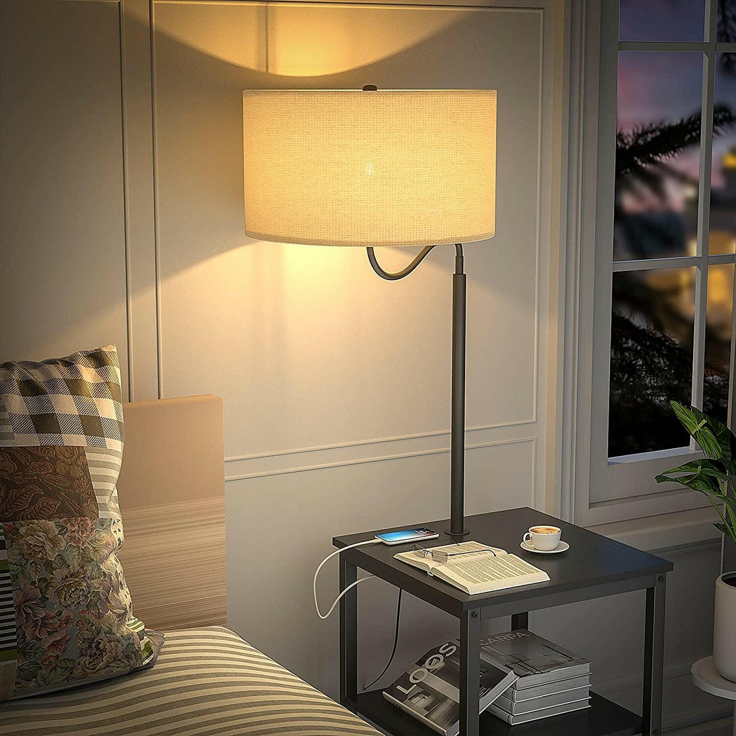 AntLux Floor Lamp with Side Table - USB Charging Port, Power Outlet, End Table and Lamp, Modern Bedside Nightstand with Industrial Floor Light for Living Room, Bedroom, Edison LED Bulb, Black