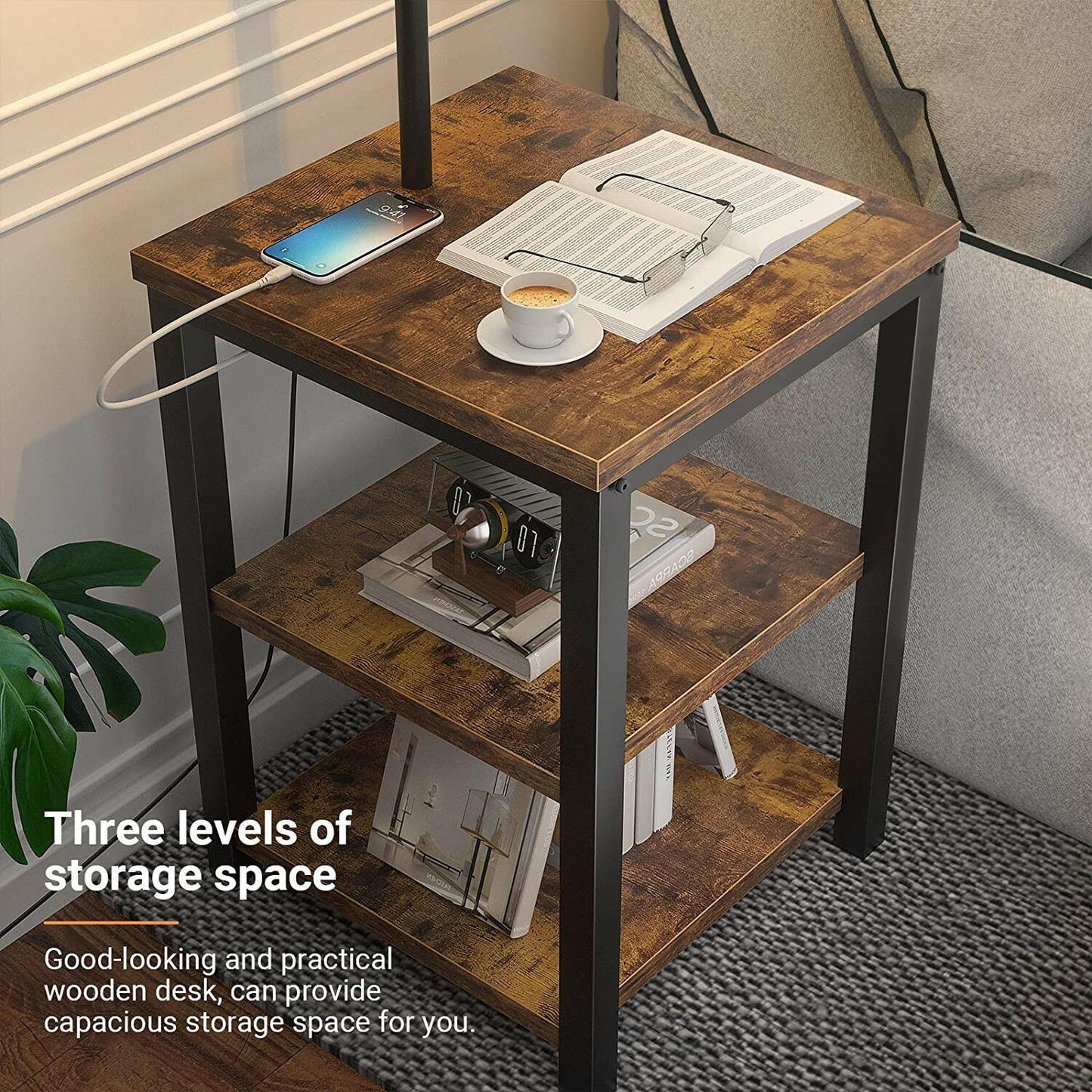 AntLux LED Floor Lamp with End Table - USB Charging Port, Power Outlet, Bedside Table with Shelves, Rustic Night Stand with Industrial Floor Light for Living Room, Bedroom, Guest Room, Edison Bulb