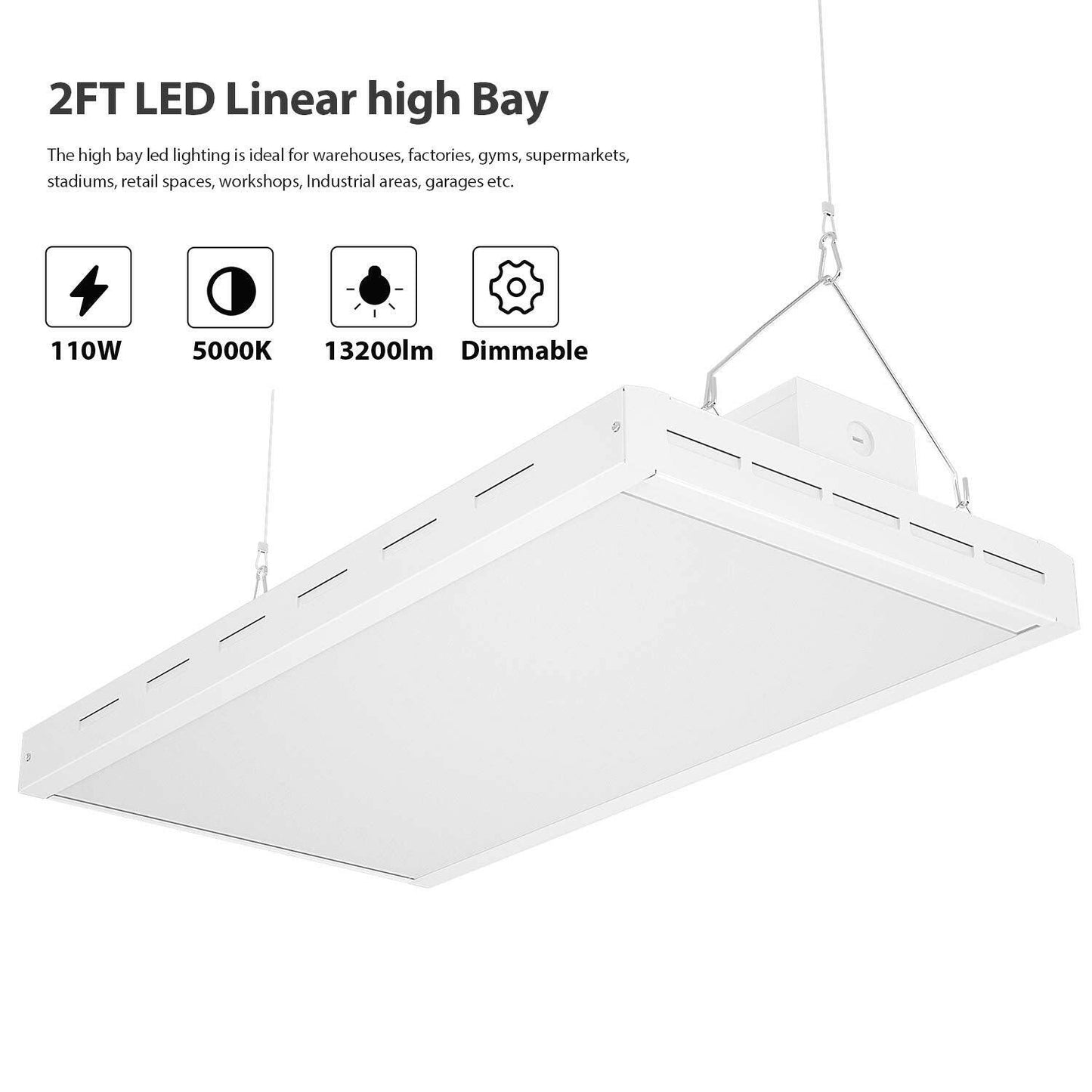 AntLux 2FT Linear LED High Bay Light Fixture, 110W (400W Fluorescent Equiv.), 13200lm, 5000K, Dimmable, Hanging Warehouse Shop Lights, Industrial Indoor Workshop Garage High Bay LED Lighting
