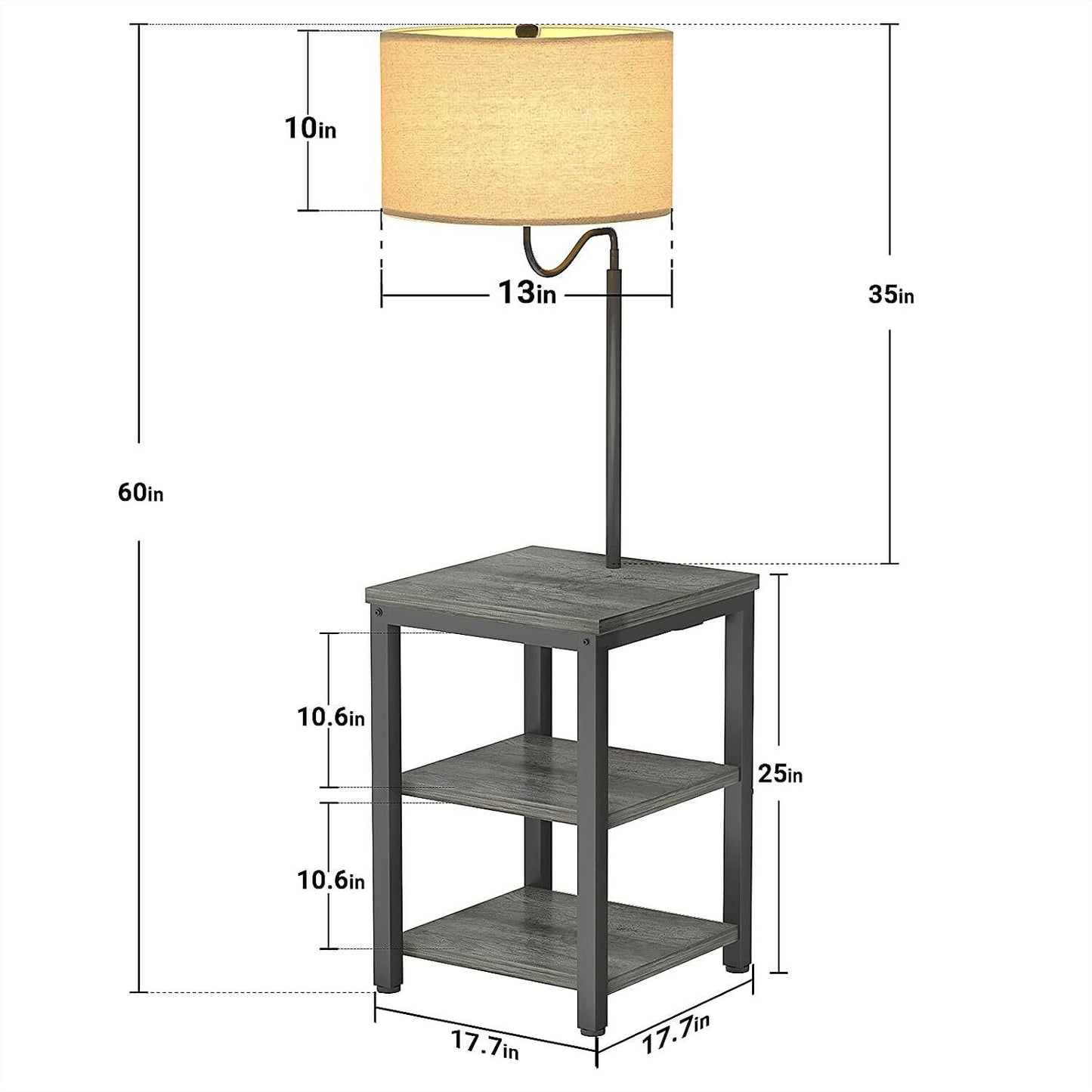 AntLux Floor Lamp with Side Table - USB Charging Port, Power Outlet, End Table and Lamp, Modern Bedside Nightstand with Industrial Floor Light for Living Room, Bedroom, Edison LED Bulb, Gray