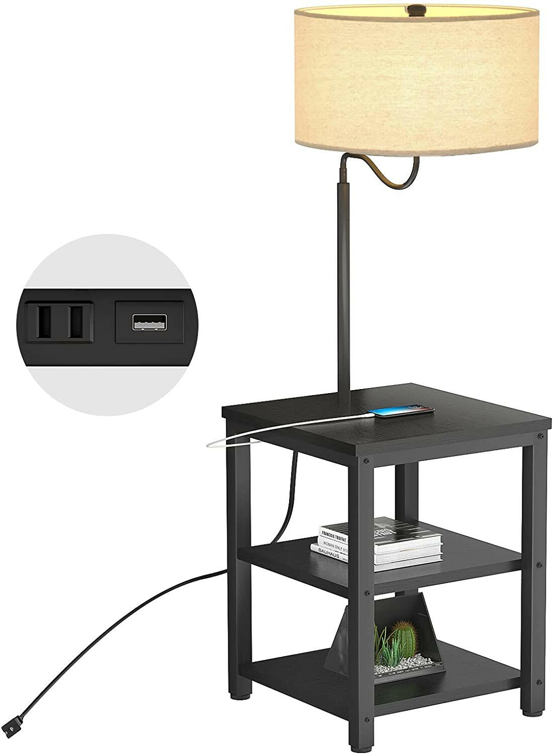 AntLux Floor Lamp with Side Table - USB Charging Port, Power Outlet, End Table and Lamp, Modern Bedside Nightstand with Industrial Floor Light for Living Room, Bedroom, Edison LED Bulb, Black