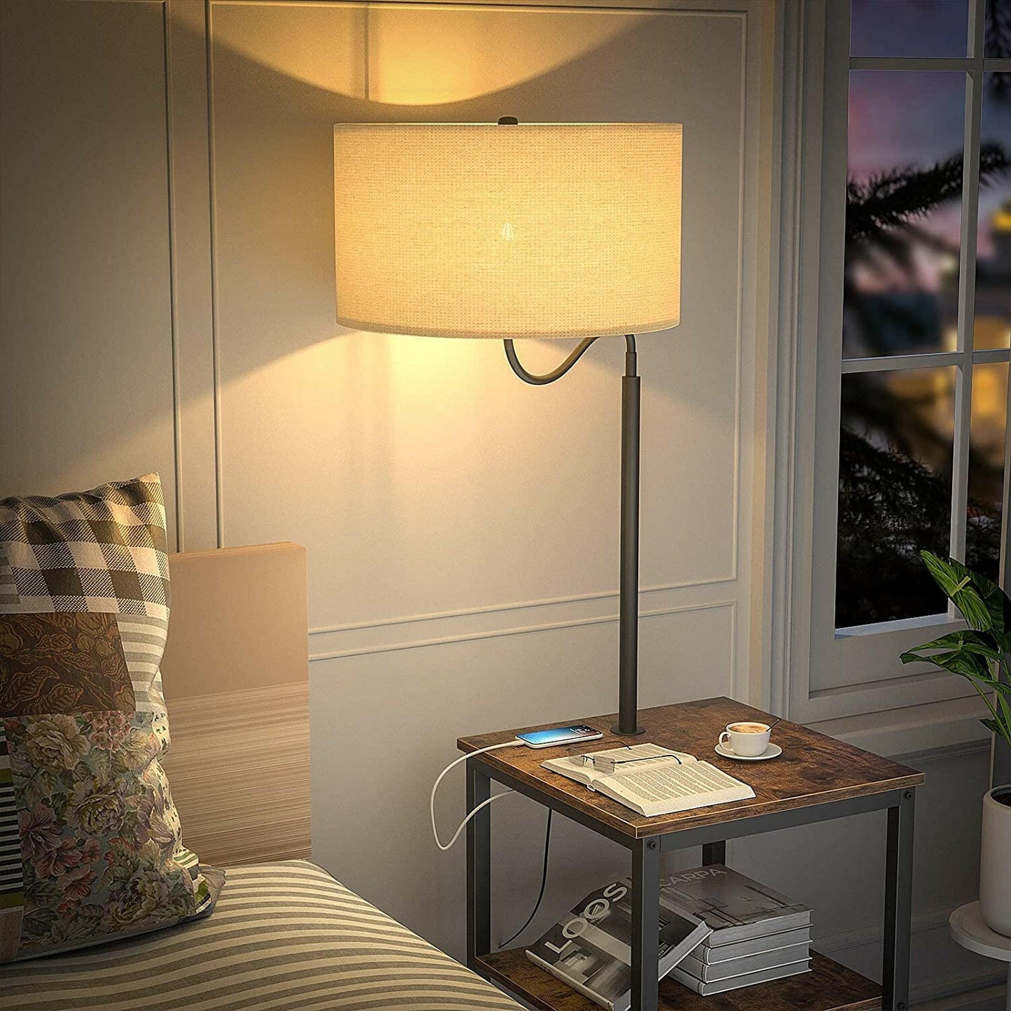 AntLux LED Floor Lamp with End Table - USB Charging Port, Power Outlet, Bedside Table with Shelves, Rustic Night Stand with Industrial Floor Light for Living Room, Bedroom, Edison Bulb, 2 Pack