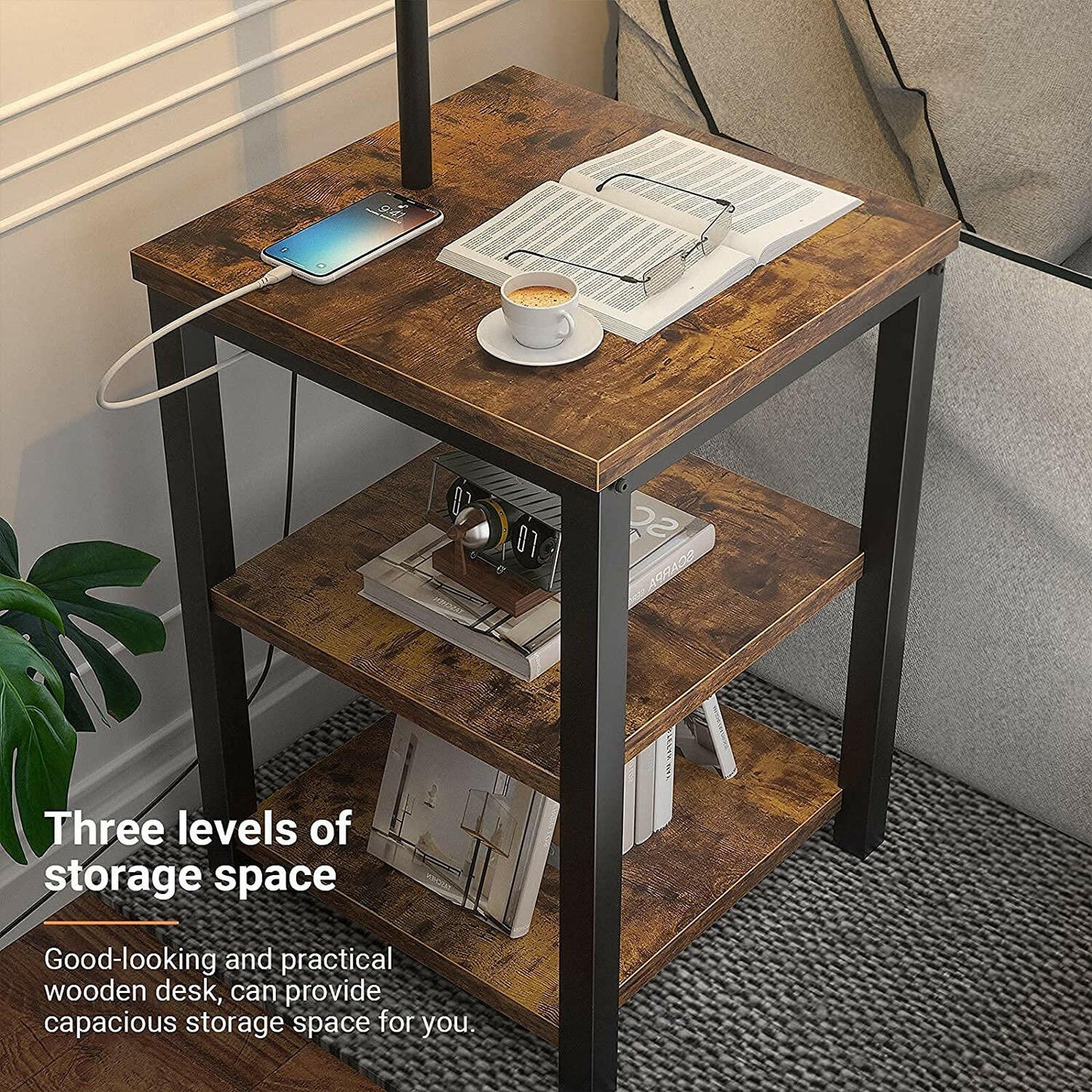 AntLux LED Floor Lamp with End Table - USB Charging Port, Power Outlet, Bedside Table with Shelves, Rustic Night Stand with Industrial Floor Light for Living Room, Bedroom, Edison Bulb, 2 Pack