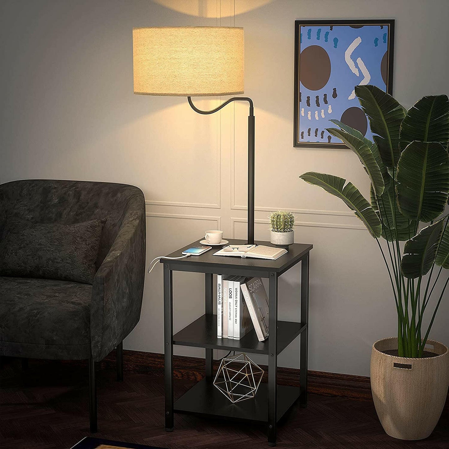 AntLux Floor Lamp with Side Table - USB Charging Port, Power Outlet, End Table and Lamp, Modern Bedside Nightstand with Industrial Floor Light for Living Room, Bedroom, Edison LED Bulb, Black