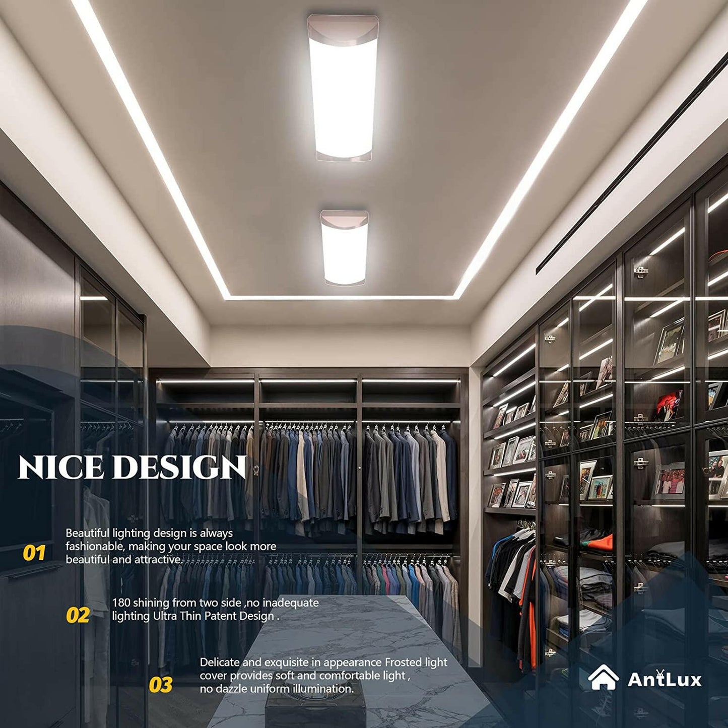 AntLux 2FT LED Flush Mount Kitchen Lights, 20W 2400lm, 4000K Neutral White, 2 Foot Low Profile LED Wraparound Shop Light, 24 Inch LED Ceiling Lighting Fixture for Laundry Closet Garage, Bronze, 2 Pack