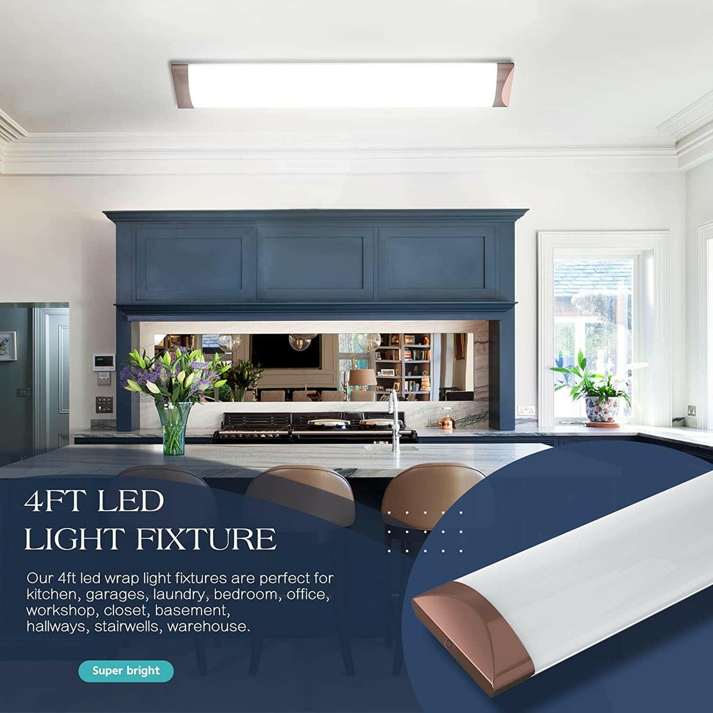 AntLux 4FT LED Flush Mount Puff Lights, 50W 5500lm, 3000K 4000K 5000K 3 Color Temperature Dimmable, 4 Foot Wraparound Office Light, 48 Inch Ceiling Lighting Fixtures for Kitchen Laundry Garage, 4 Pack