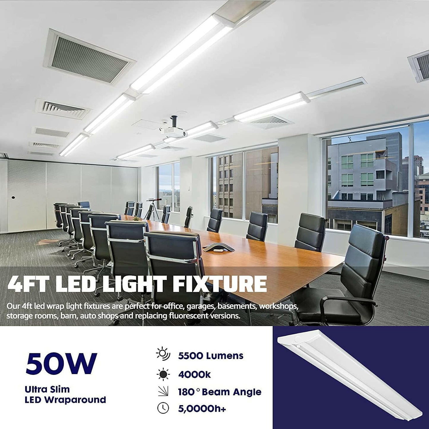 AntLux 4FT LED Wraparound Light Fixture 50W Ultra Slim LED Shop Lights for Garage, 5500 Lumens, 4000K Neutral White, No Glare, 4 Foot Flush Mount Office Ceiling Wrap Light for Workshop Kitchen, 8 Pack