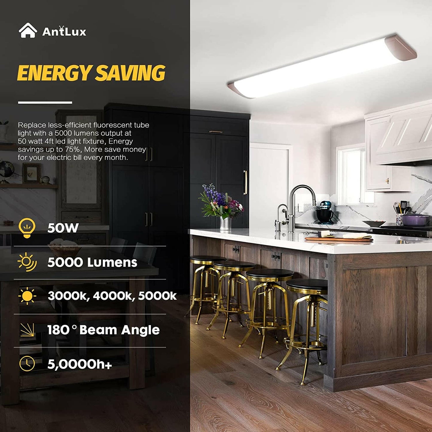 AntLux 4FT LED Flush Mount Puff Lights, 50W 5500lm, 3000K 4000K 5000K 3 Color Temperature Dimmable, 4 Foot Wraparound Office Light, 48 Inch Ceiling Lighting Fixtures for Kitchen Laundry Garage, 4 Pack