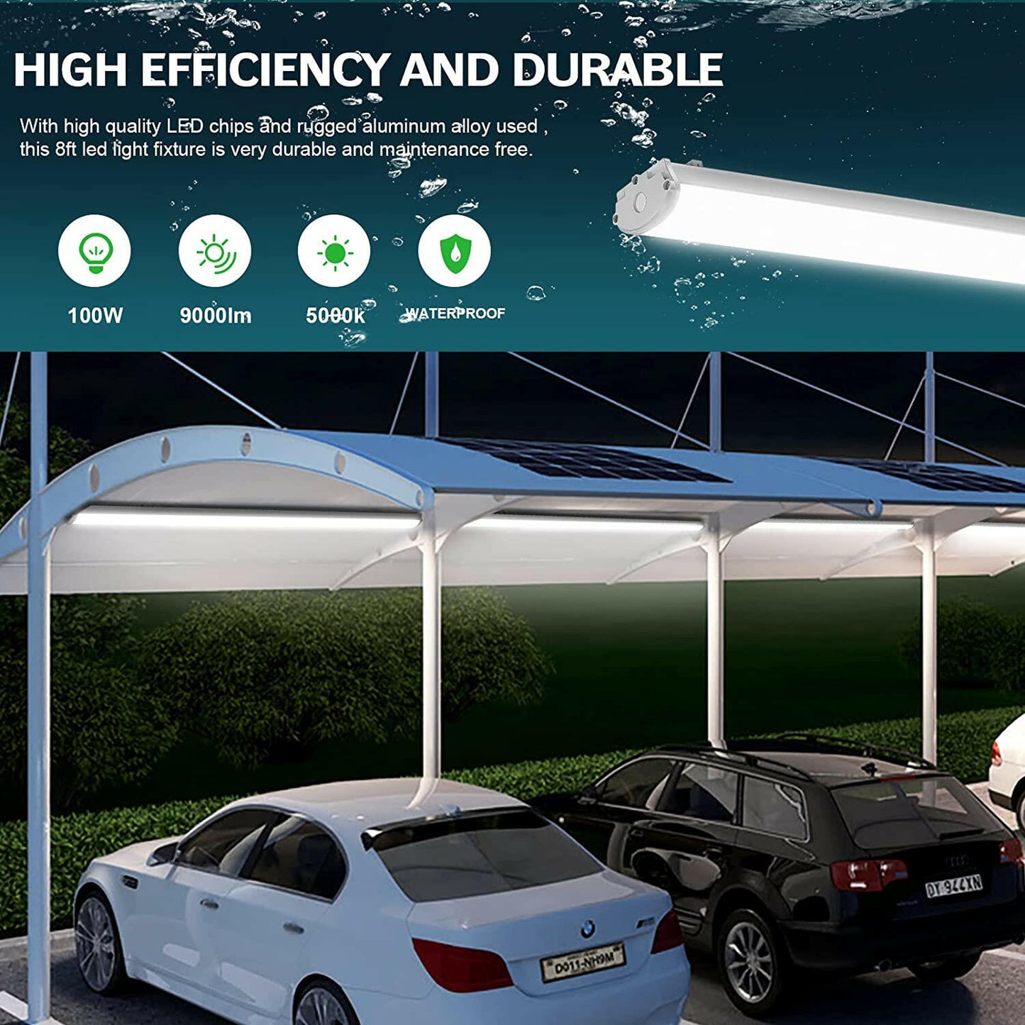 AntLux 8FT LED Vapor Tight Light, 100W 9000LM, 8 Foot LED Vapor Proof Light Fixture Outdoor Shop Lights, IP67 Waterproof Strip Lighting for Parking Garage Carport Car Wash, Freezer Light, Plug in