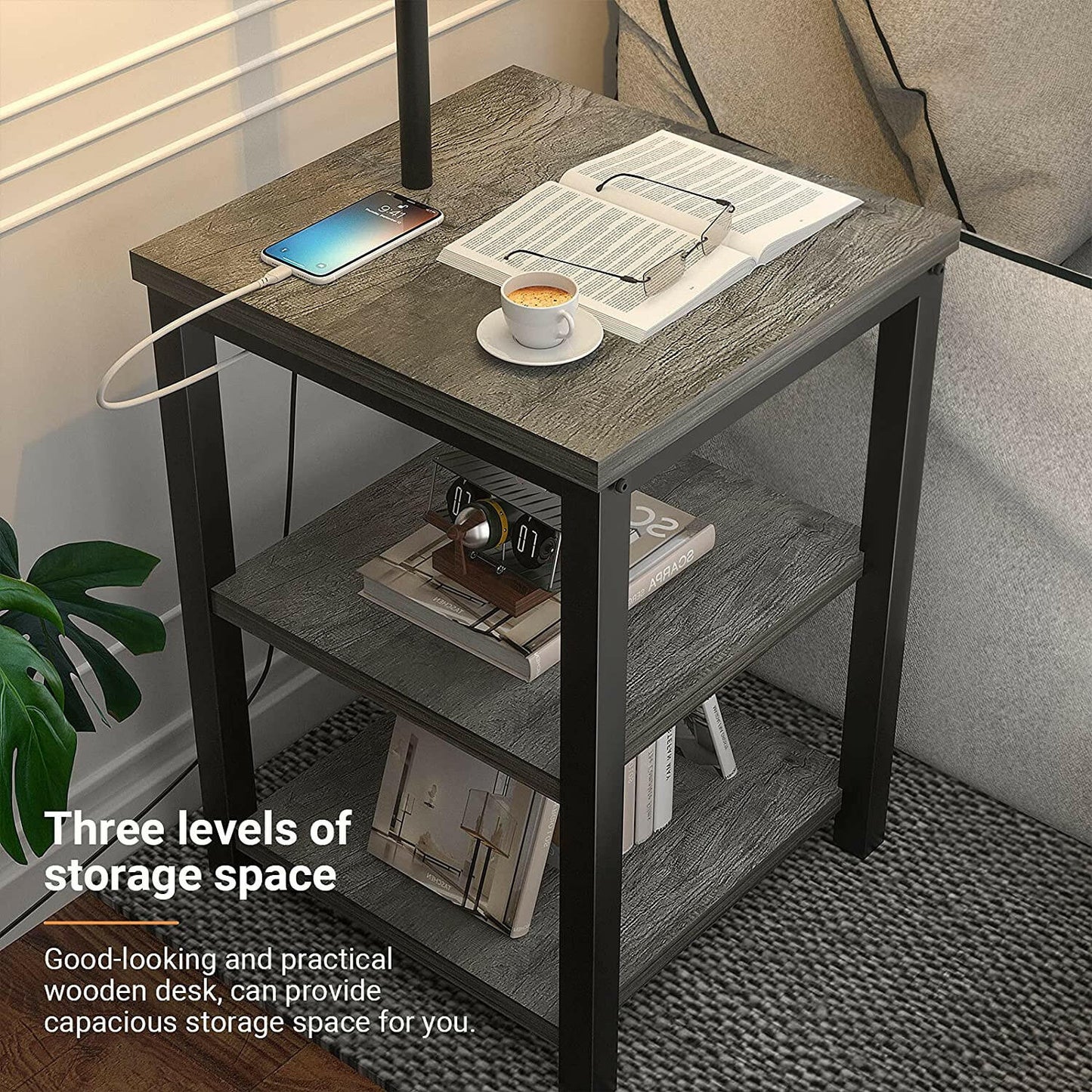 AntLux Floor Lamp with Side Table - USB Charging Port, Power Outlet, End Table and Lamp, Modern Bedside Nightstand with Industrial Floor Light for Living Room, Bedroom, Edison LED Bulb, Gray