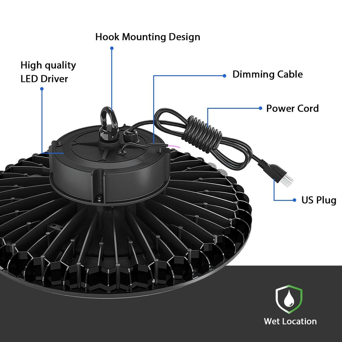 AntLux UFO LED High Bay Light 100W (400W HID/HPS Replacement), 12000 Lumens, Dimmable, US Plug, 5000K Daylight White, IP65 Waterproof Commercial Grade Area Warehouse Workshop Hanging Lighting Fixtures