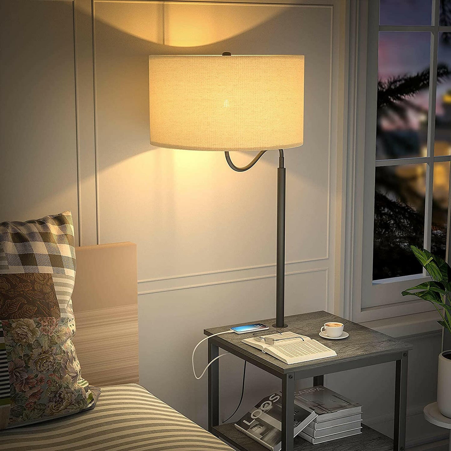 AntLux Floor Lamp with Side Table - USB Charging Port, Power Outlet, End Table and Lamp, Modern Bedside Nightstand with Industrial Floor Light for Living Room, Bedroom, Edison LED Bulb, Gray