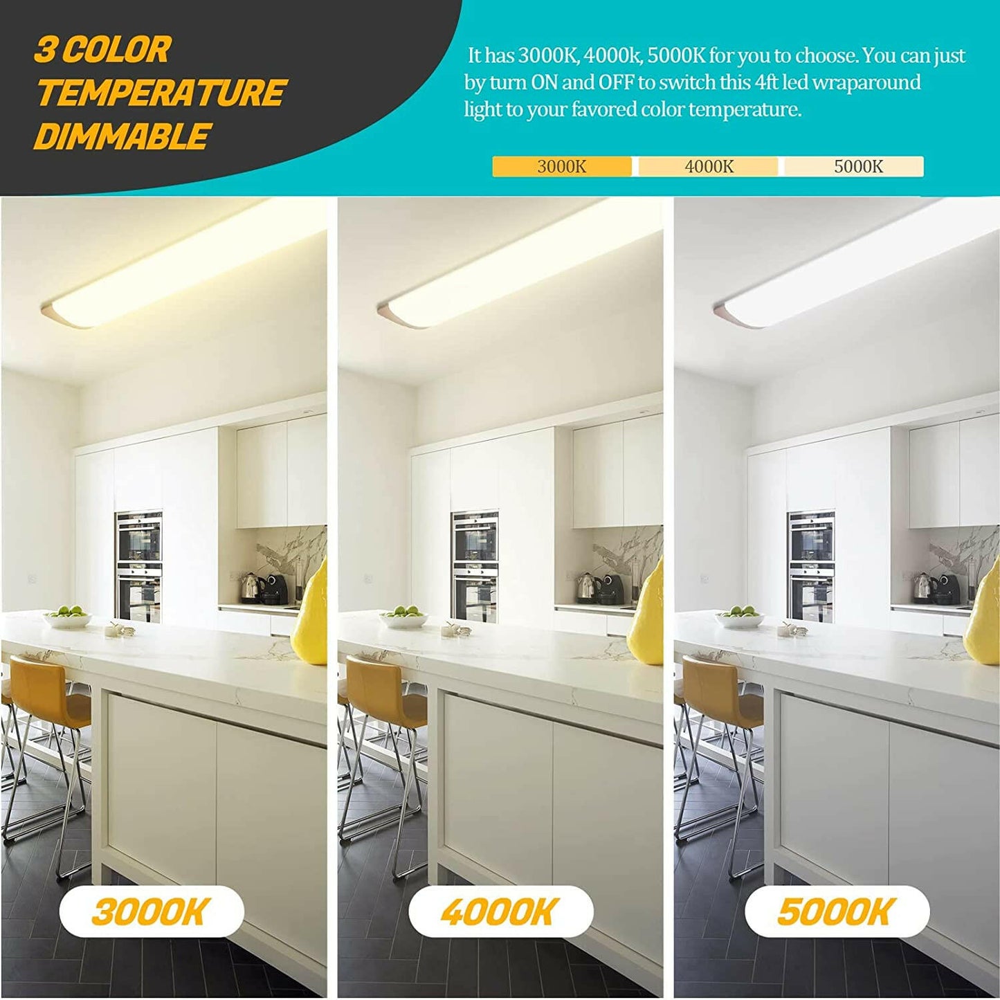 AntLux 4FT LED Flush Mount Puff Lights, 50W 5500lm, 3000K 4000K 5000K 3 Color Temperature Dimmable, 4 Foot Wraparound Office Light, 48 Inch Ceiling Lighting Fixtures for Kitchen Laundry Garage, 4 Pack