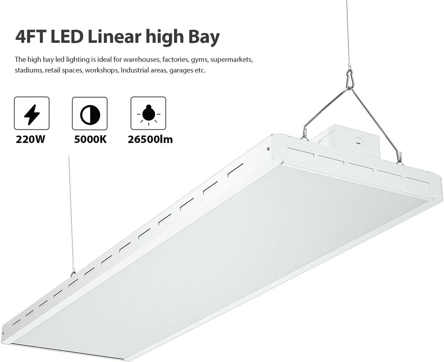 AntLux 4FT LED Linear Integrated Bay Light Fixture - 220W (800W Equiv.), 26500lm, 5000K, Hanging Warehouse Lights, Industrial Indoor Area Workshop Garage High Bay LED Lighting