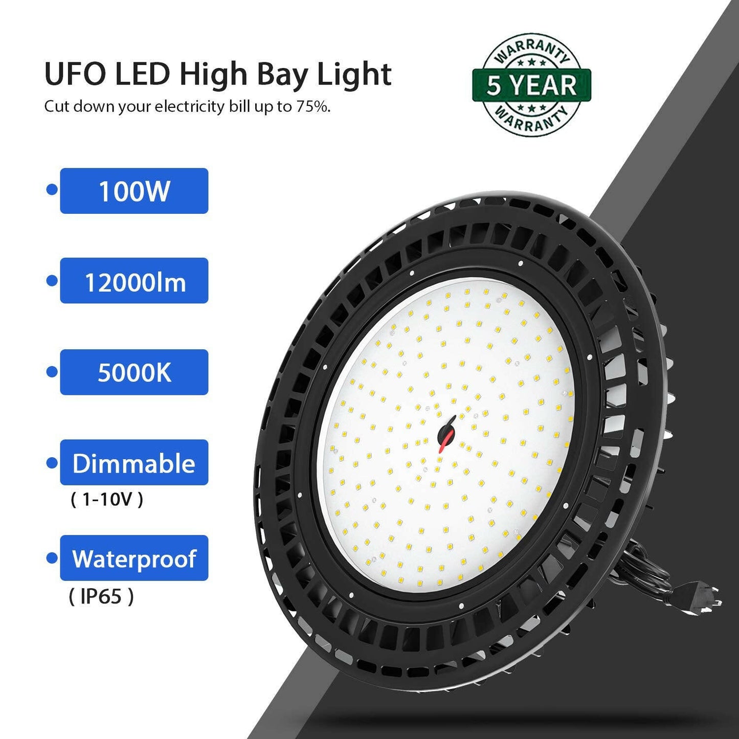AntLux UFO LED High Bay Light 100W (400W HID/HPS Replacement), 12000 Lumens, Dimmable, US Plug, 5000K Daylight White, IP65 Waterproof Commercial Grade Area Warehouse Workshop Hanging Lighting Fixtures