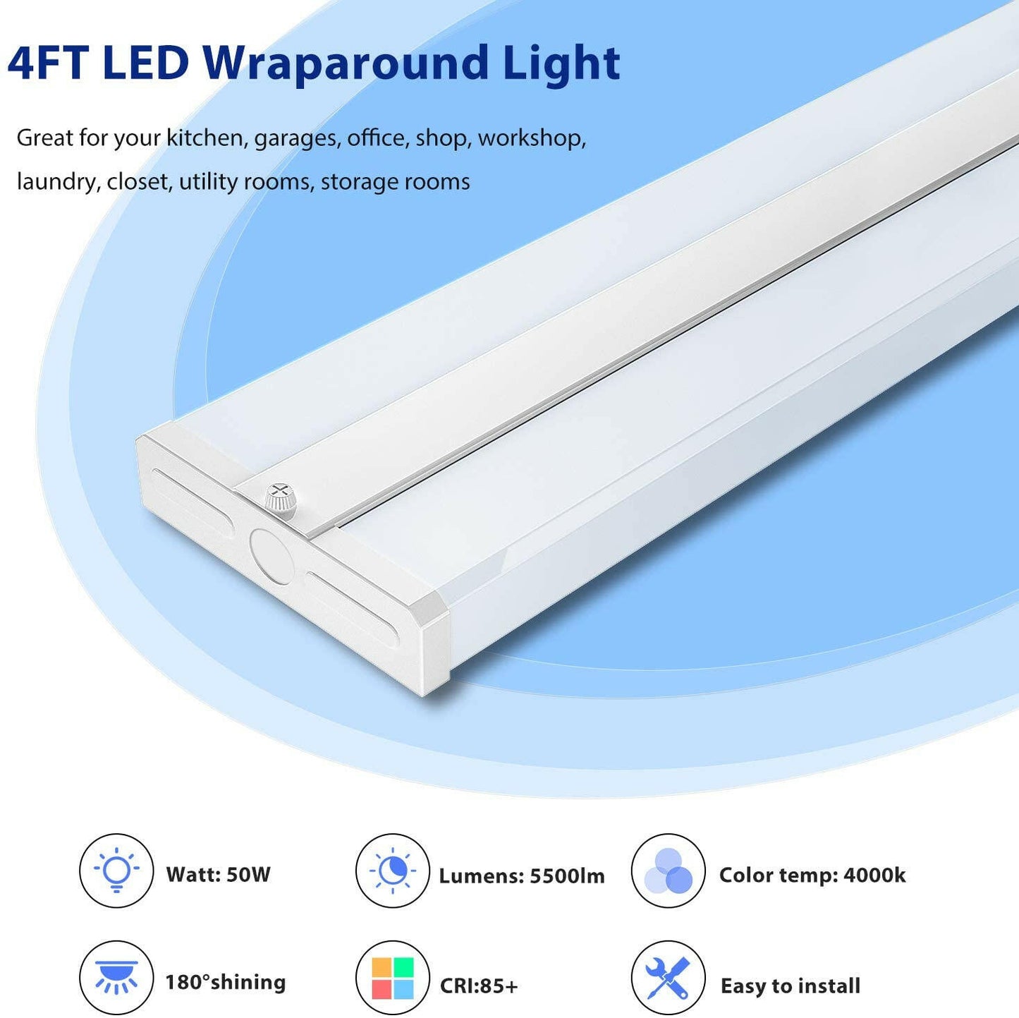 AntLux 4FT LED Wraparound Light Fixture 50W Ultra Slim Wrap Around Lights, 5500lm, 4000K, 4 Foot LED Shop Lights for Garage, Kitchen, Office, Gym, Surface or Suspended, Fluorescent Replacement, 2 Pack