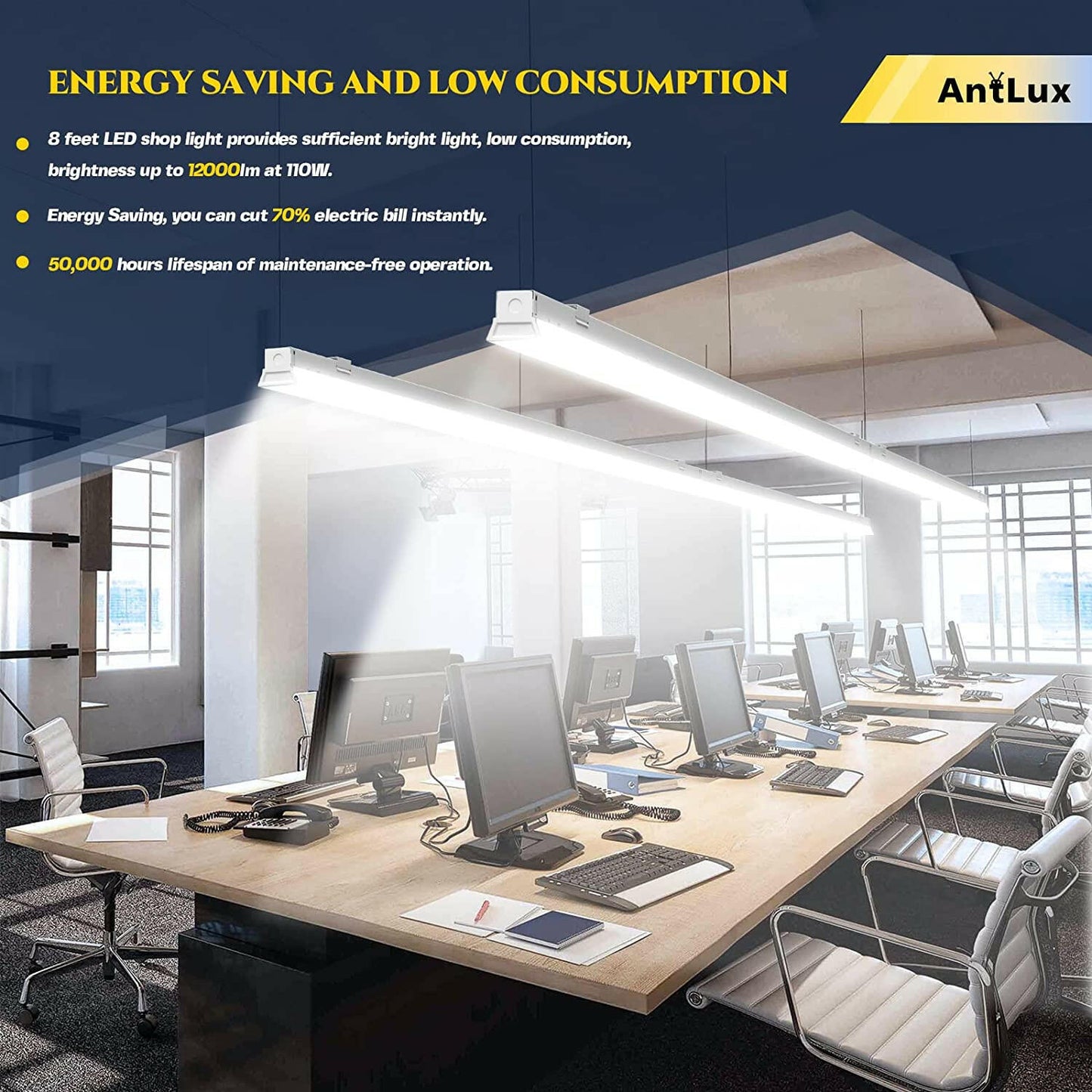 AntLux 8FT LED Shop Light 110W LED Linear Strip Lights, 1-10V Dimmable, 12000 Lumens, 5000K, Commercial Grade 8 Foot LED Light Fixtures for Warehouse, Garage, 8’ Fluorescent Tube Replacement, 1 pack