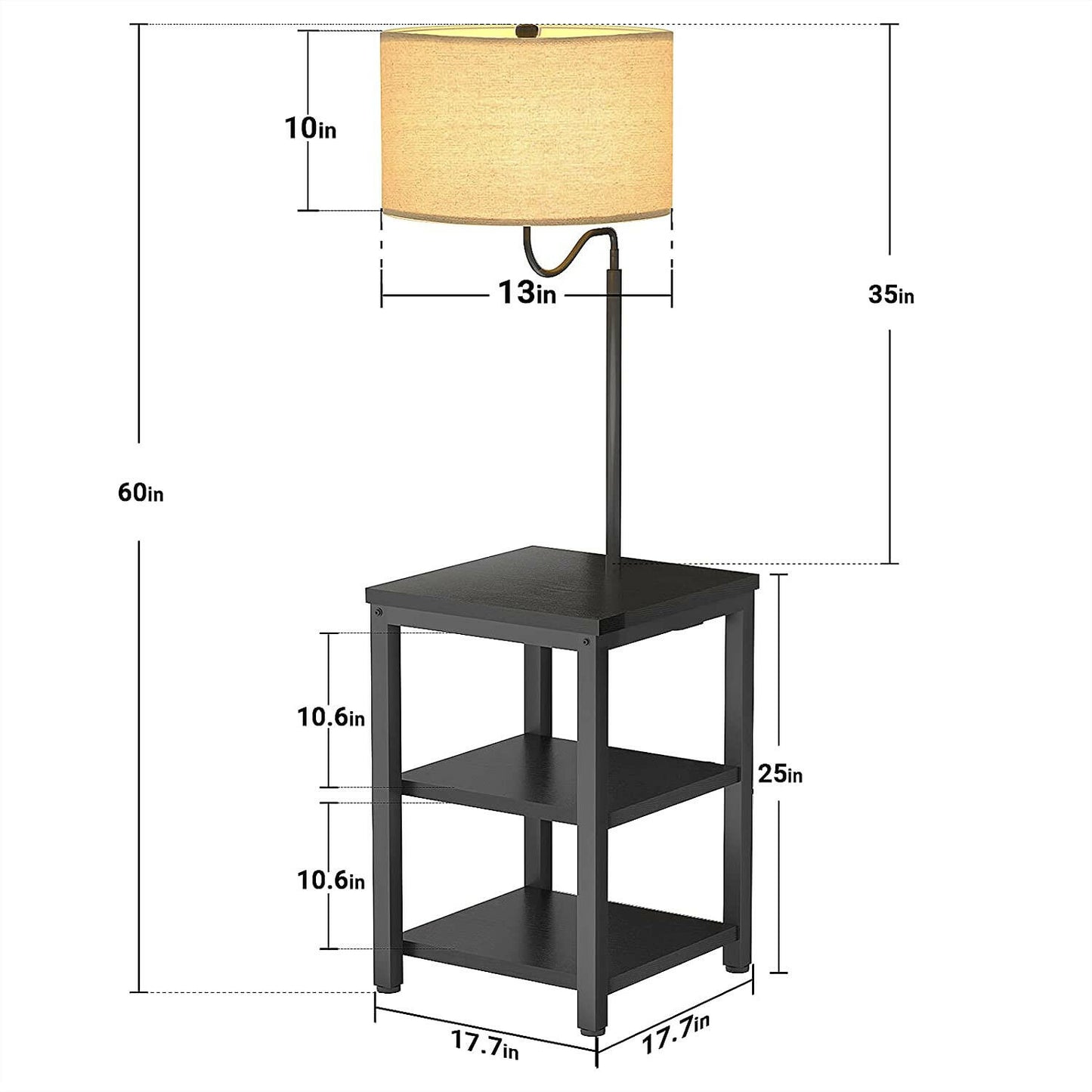 AntLux Floor Lamp with Side Table - USB Charging Port, Power Outlet, End Table and Lamp, Modern Bedside Nightstand with Industrial Floor Light for Living Room, Bedroom, Edison LED Bulb, Black