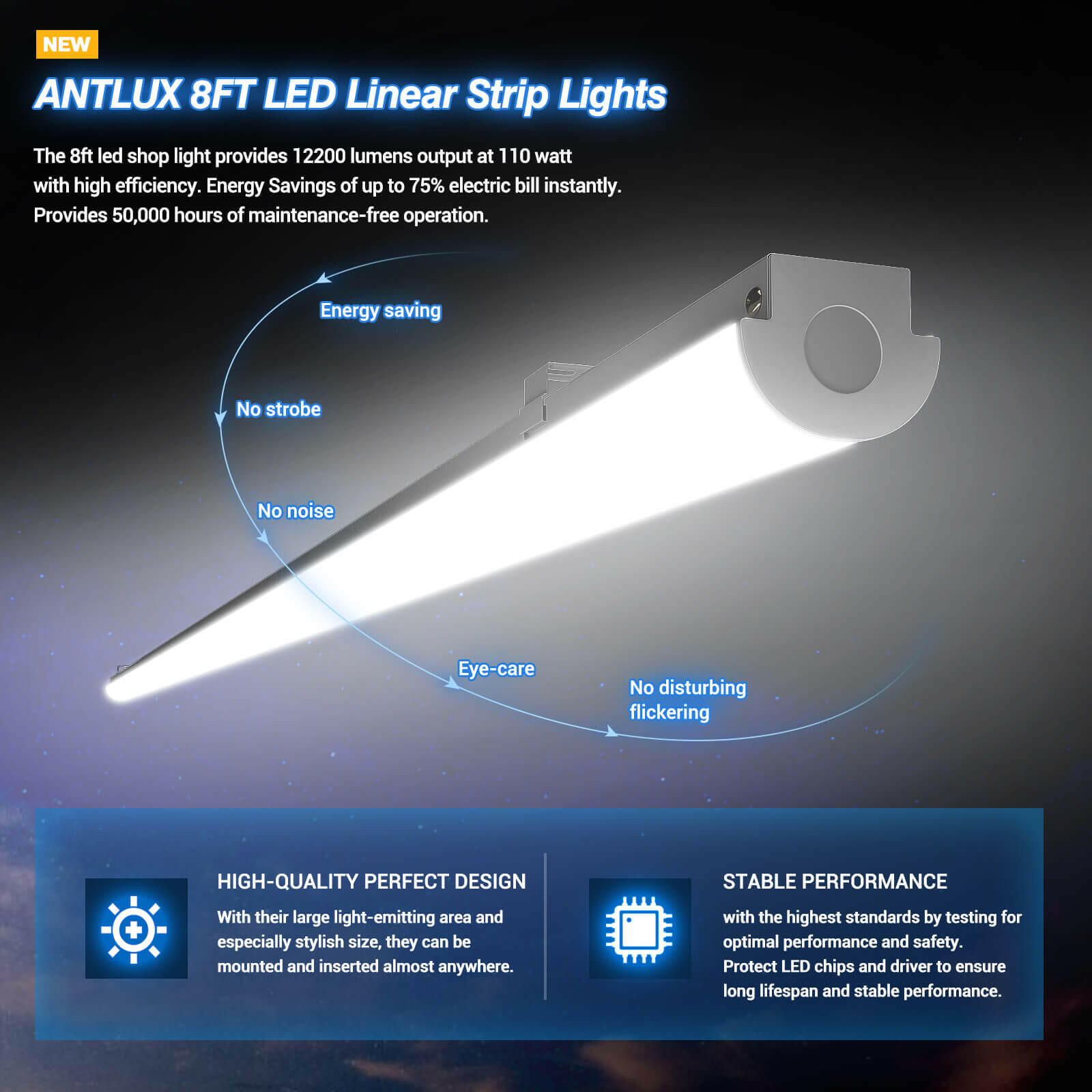 ANTLUX 8FT LED Shop Light Fixtures, 12000LM 5000K, 110W LED Strip Lights  [6-lamp T8 Fluorescent Equiv.], Compact 8 Foot LED Lights for Warehouse