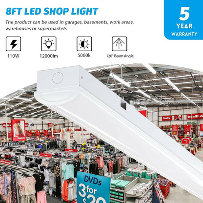 AntLux 8FT LED Shop Lights 110W LED Linear Strip Lights, 12000 Lumens, 5000K, 8 Foot LED Garage Lights, Surface Mount and Hanging Ceiling Lighting Fixture, Fluorescent Tube Replacement, 4 Pack