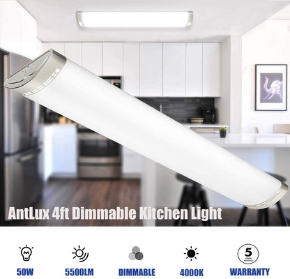 AntLux 4ft LED Kitchen Ceiling Light Fixture Dimmable (No Dimmers Required) 50W, 5500 Lumens, 4 Foot LED Flush Mount Linear Lights, 4000K Neutral White, 48  LED Ceiling Lighting Fixtures, 2 Pack