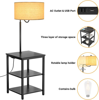 AntLux Floor Lamp with Side Table - USB Charging Port, Power Outlet, End Table and Lamp, Modern Bedside Nightstand with Industrial Floor Light for Living Room, Bedroom, Edison LED Bulb, Black