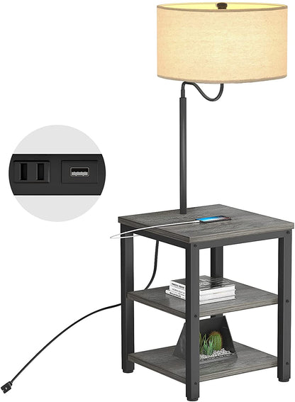 AntLux Floor Lamp with Side Table - USB Charging Port, Power Outlet, End Table and Lamp, Modern Bedside Nightstand with Industrial Floor Light for Living Room, Bedroom, Edison LED Bulb, Gray