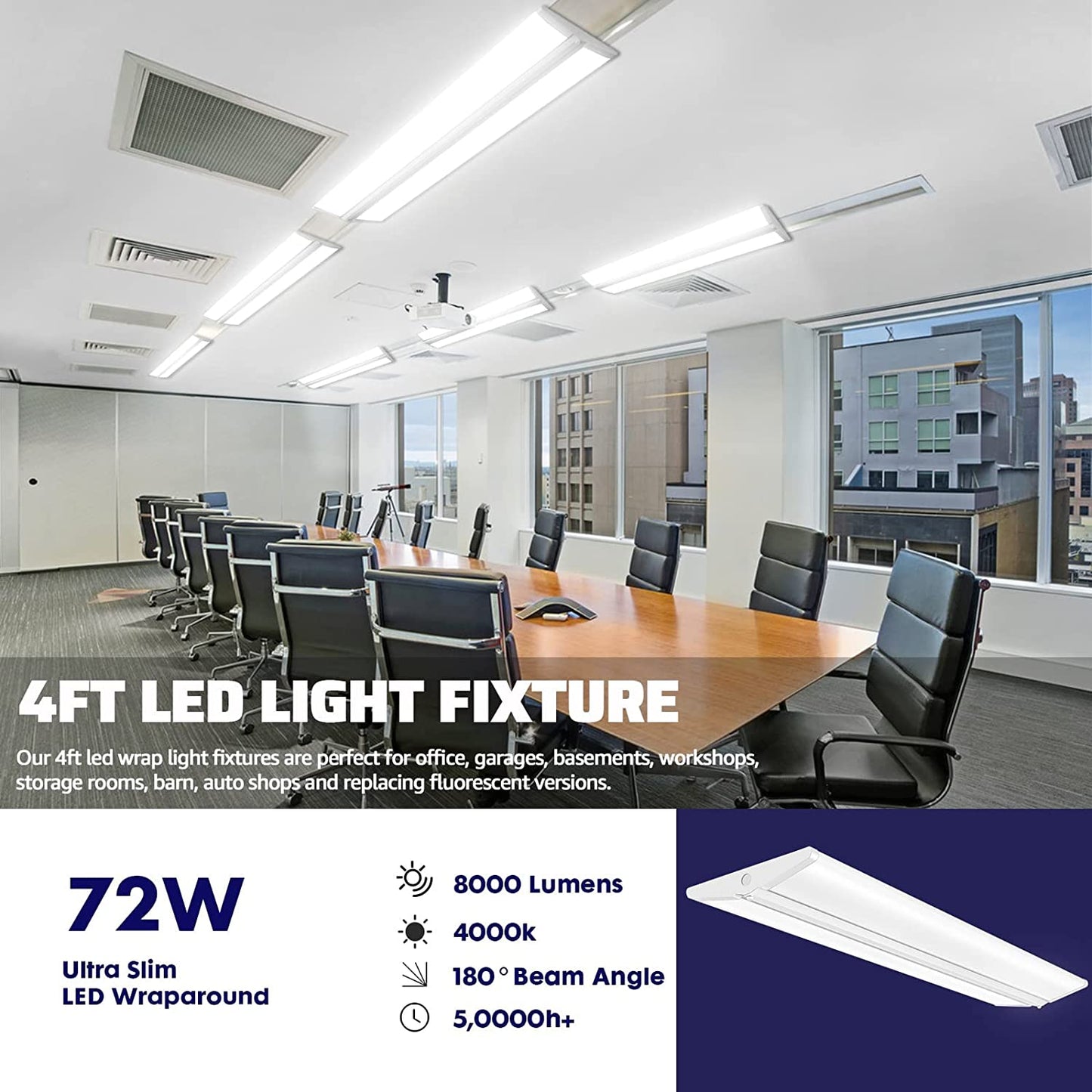 AntLux 72W 4FT LED Wraparound Office Light Ultra Slim, 8000 Lumens, LED Garage Lights Flush Mount, 4000K, No Glare, 4 Foot Wrap Shop Ceiling Lighting Fixtures, Fluorescent Light Replacement