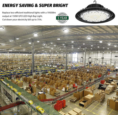 AntLux UFO High Bay LED Lighting, 150W (600W HID/HPS Replacement), 19500LM, 5000K Daylight White, IP65 Waterproof, Warehouse Lights, Commercial Workshop 150 Watts LED High Bay Light Fixtures