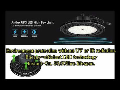 AntLux UFO LED High Bay Light 100W (400W HID/HPS Replacement), 12000 Lumens, Dimmable, US Plug, 5000K Daylight White, IP65 Waterproof Commercial Grade Area Warehouse Workshop Hanging Lighting Fixtures