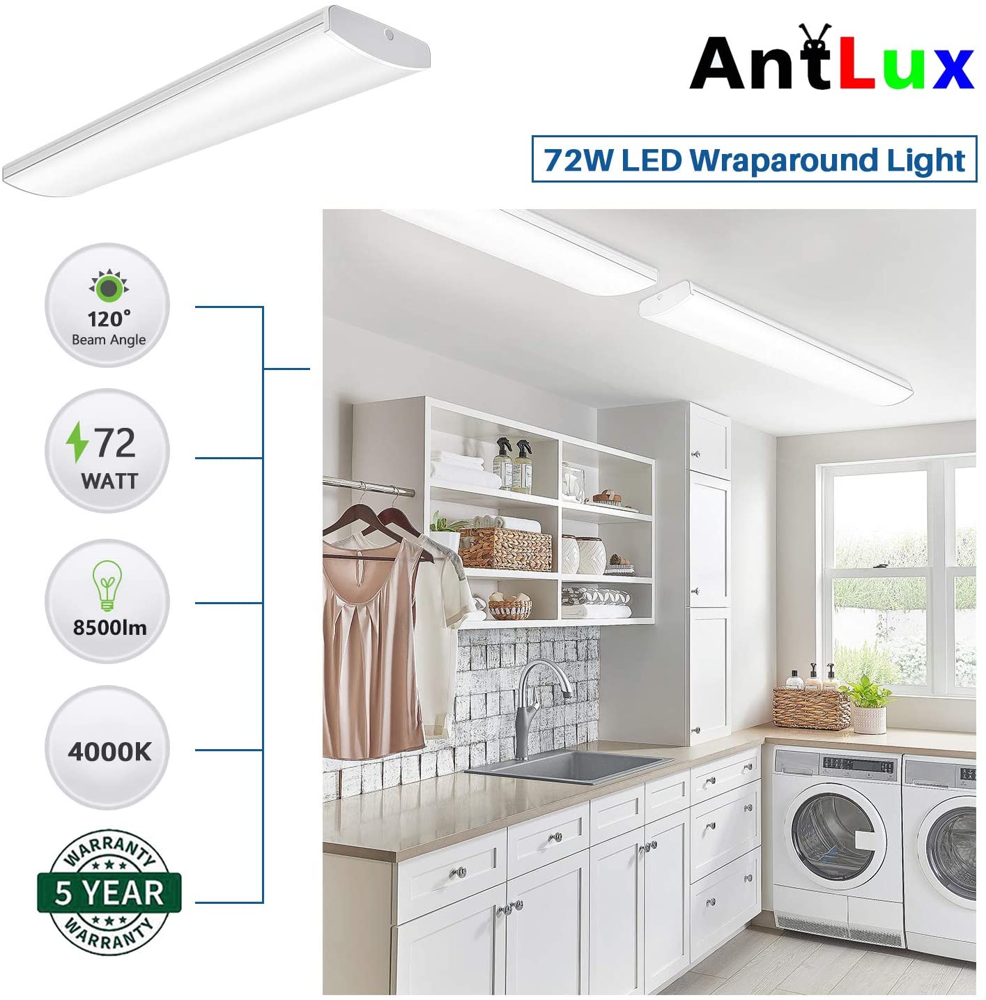 AntLux Commercial LED Wraparound Light Fixture 4FT Office Ceiling Lighting 72W, 8500 Lumens, 4000K, 4 Foot Low Bay Flush Mount Garage Shop Lights, Integrated Wrap Light, Fluorescent Tube Replacement