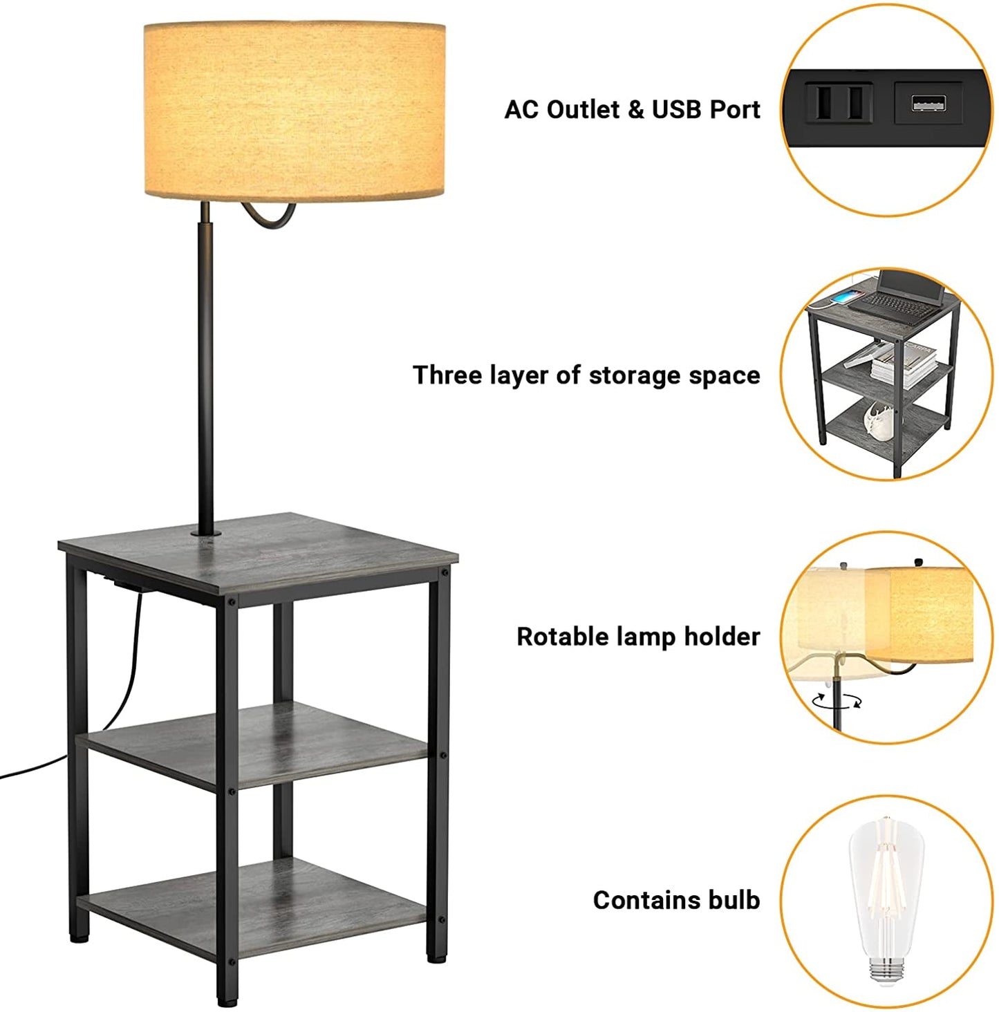 AntLux Floor Lamp with Side Table - USB Charging Port, Power Outlet, End Table and Lamp, Modern Bedside Nightstand with Industrial Floor Light for Living Room, Bedroom, Edison LED Bulb, Gray