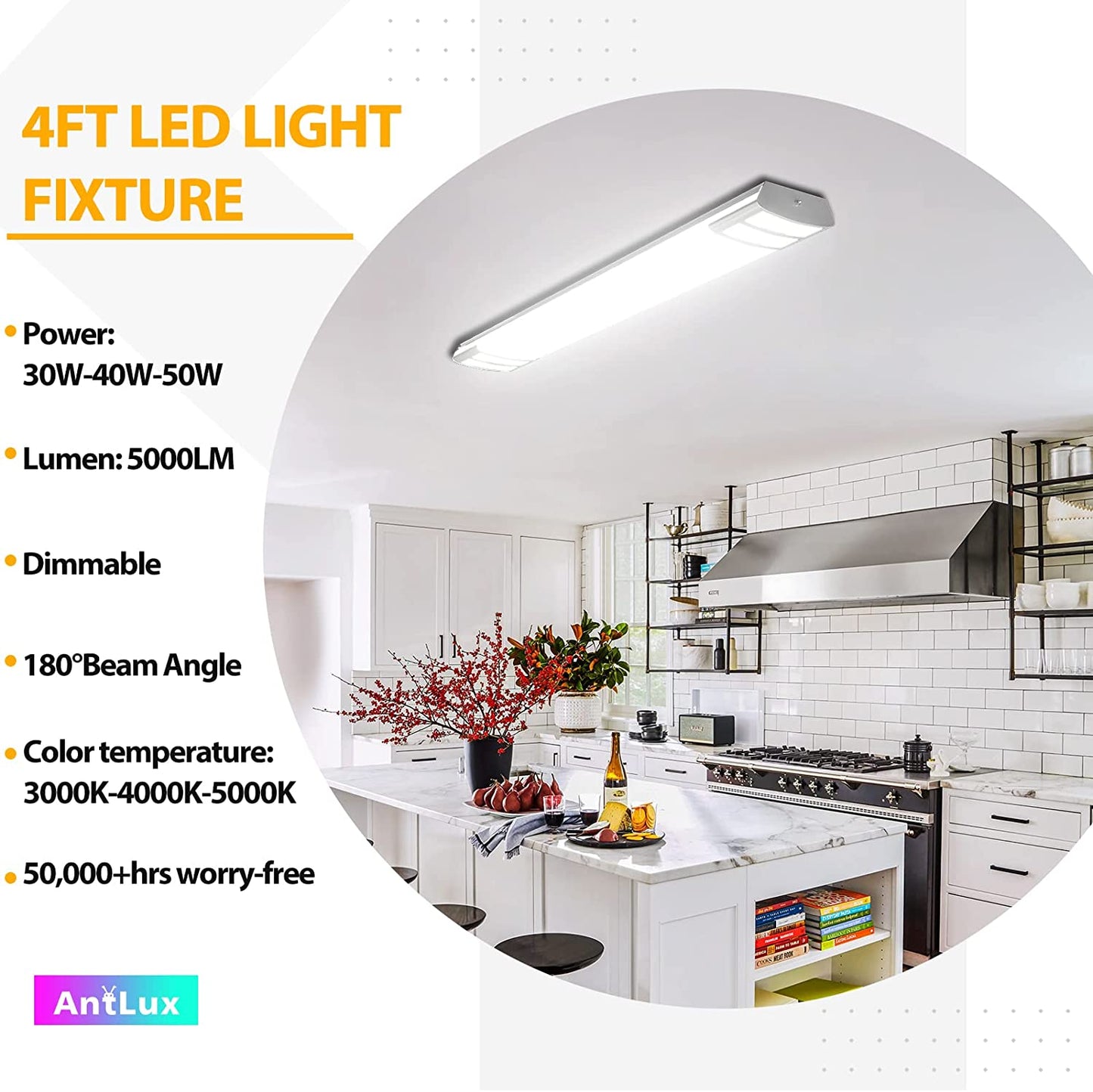 ANTLUX 4FT LED Light Fixtures, 3000K 4000K 5000K Selectable, 30W/40W/50W Dimmable 4 Foot LED Kitchen Ceiling Light Fixture, 48 Inch Flush Mount LED Wraparound Puff Lights for Kitchen, Laundry, Office, 4 Pack