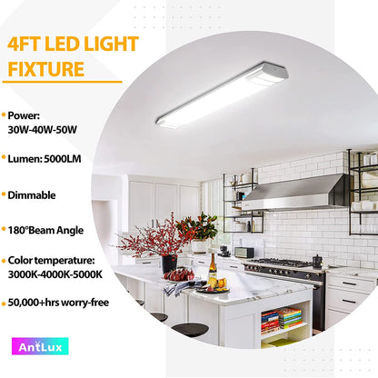 ANTLUX 4FT LED Light Fixtures, 3000K 4000K 5000K Selectable, 30W/40W/50W Dimmable 4 Foot LED Kitchen Ceiling Light Fixture, 48 Inch Flush Mount LED Wraparound Puff Lights for Kitchen, Laundry, Office