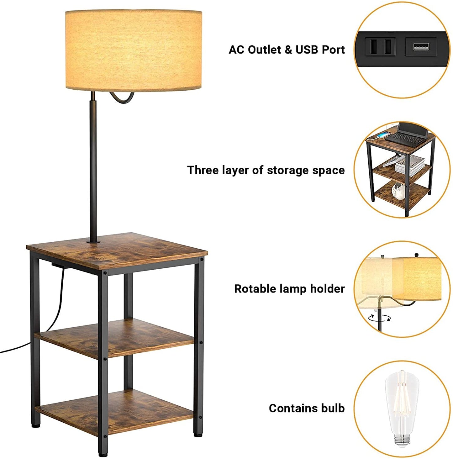 AntLux LED Floor Lamp with End Table - USB Charging Port, Power Outlet, Bedside Table with Shelves, Rustic Night Stand with Industrial Floor Light for Living Room, Bedroom, Edison Bulb, 2 Pack